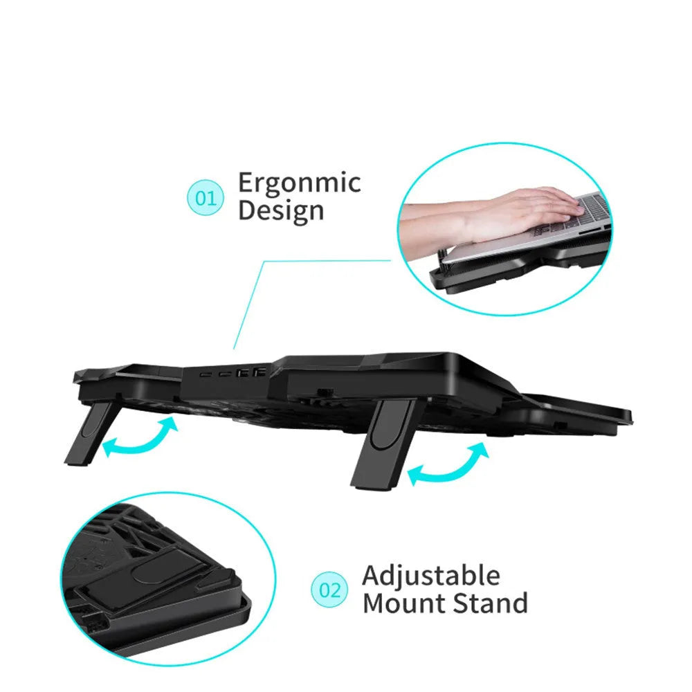 Blue laptop cooling pad with four illuminated fans and two control switches on the front.