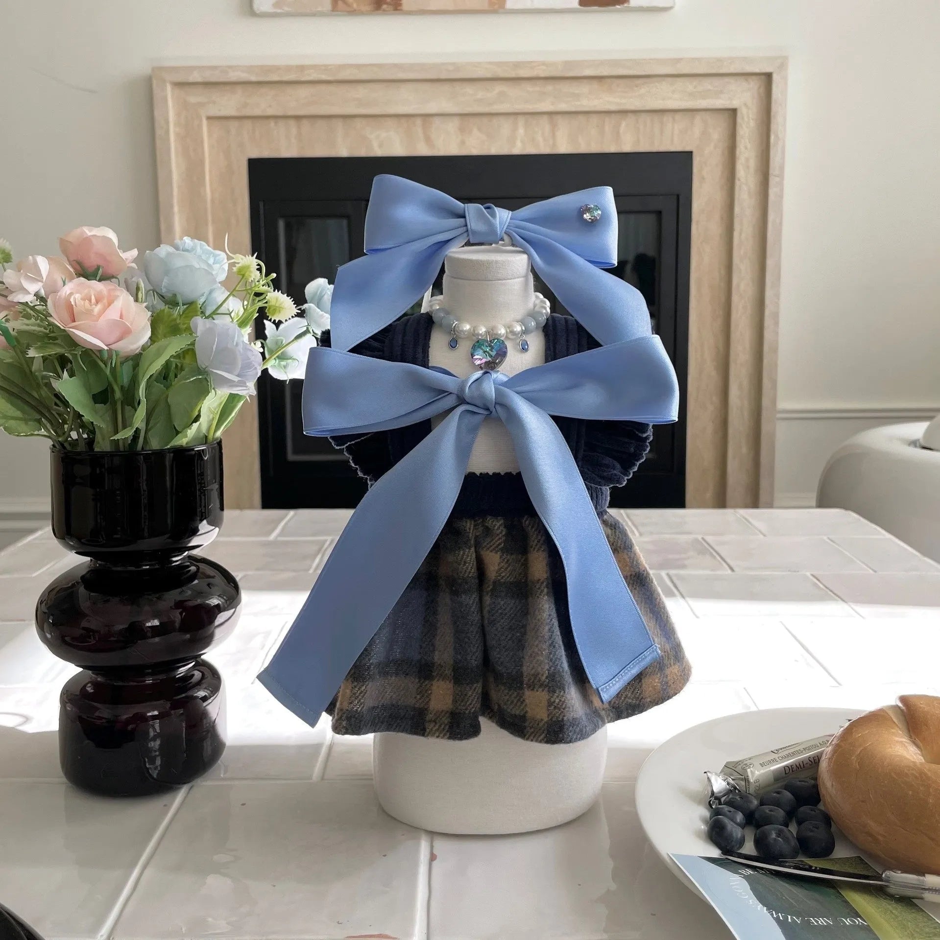 Princess style bow dog hair band with tension adjustment on double-sided polyester cotton ribbon