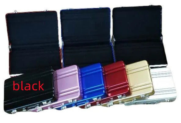 Aluminium alloy card holder in six colour options showing red, blue, black, silver, pink, and gold finishes