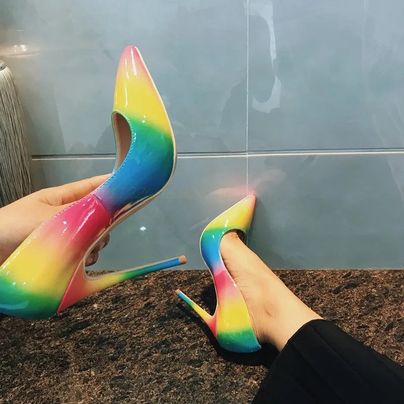 Rainbow patent leather women's high heels with pointed toe and thin heel
