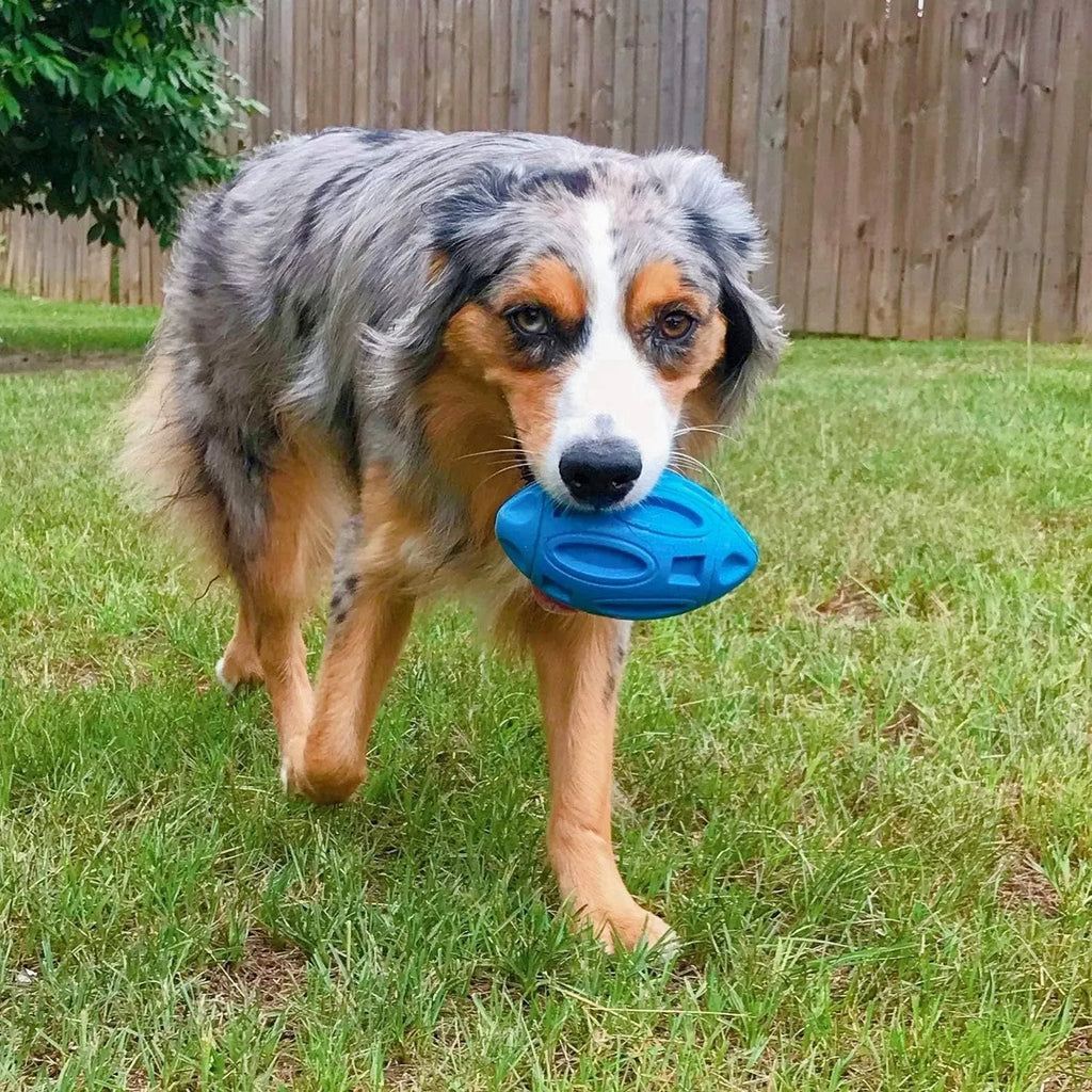 Blue, green, and orange natural rubber squeaky dog chew ball for aggressive chewers.