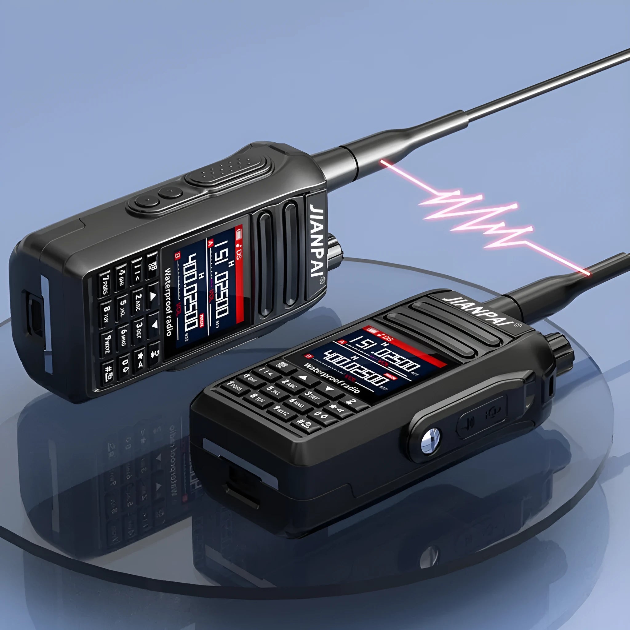 Black waterproof aviation interphone radio with full band coverage, shown with battery, antenna, charger, and headset microphone.