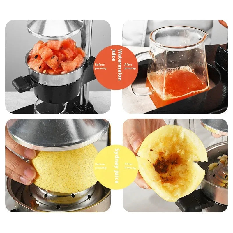 Black and white manual citrus juicer with cast iron base and stainless steel funnel, 40cm tall.