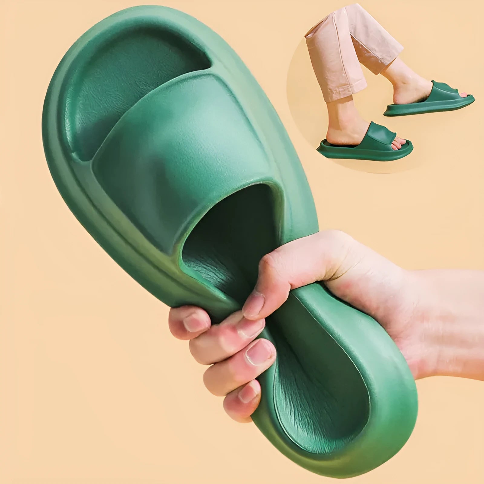 Soft EVA flip-flop slippers with thick non-slip soles in multiple colours on a white background.