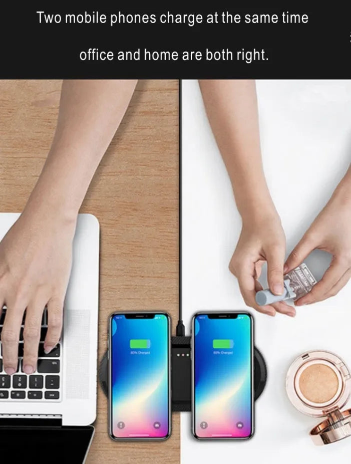 Black and white dual Qi wireless charging pad charging two smartphones simultaneously