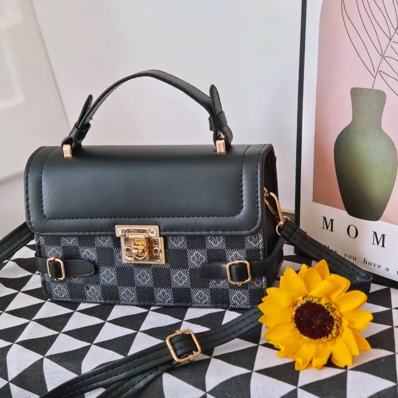 Retro ethnic crossbody bag with small square pattern and floral stitching in PU material
