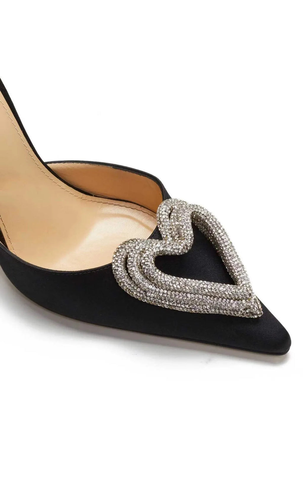 Women's pink satin sandals with heart-shaped rhinestone decoration and pointed toe design