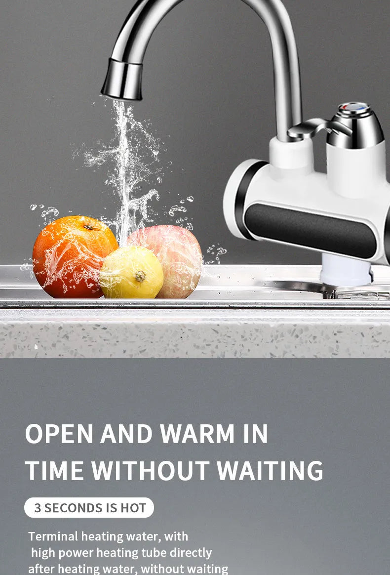 White instant electric water heater tap with digital temperature display for kitchen