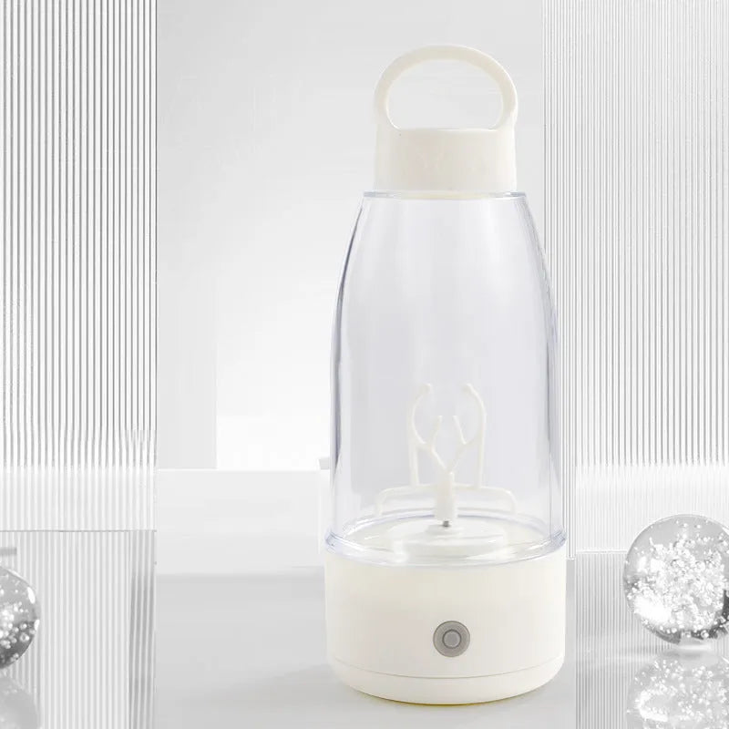 Automatic electric shaker bottle in green, pink, or white with handle and USB charging port.