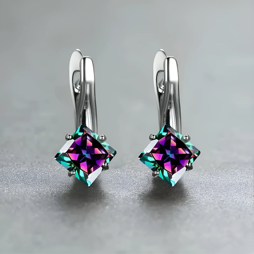 Women's copper earrings with diamond design featuring inlaid zircon in blue, green, and colour options