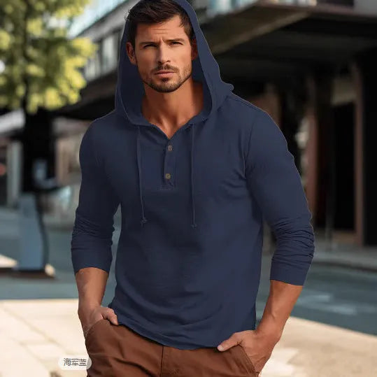Cotton pullover hoodie in dark blue with long sleeves and European/American sizing