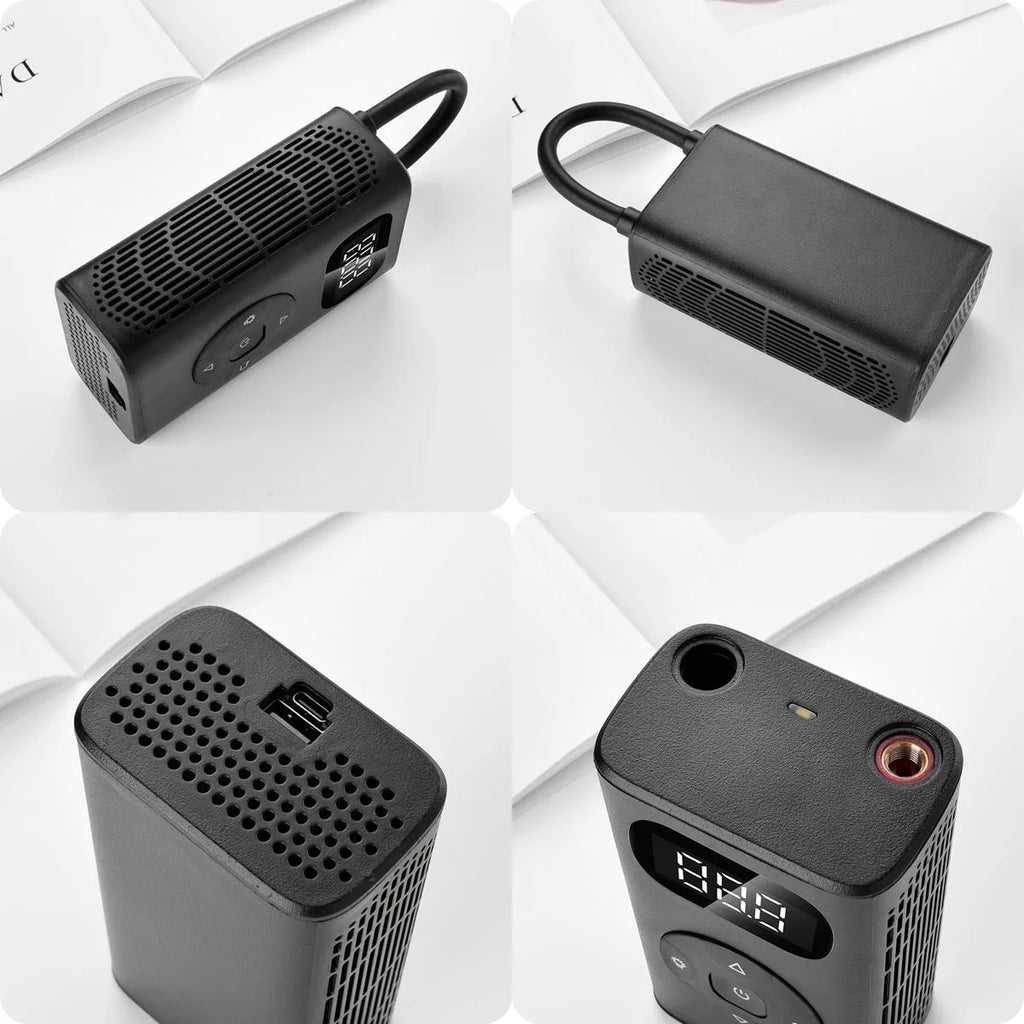 Black M09X portable electric air compressor power bank for car and motorcycle tyre inflation with USB cable