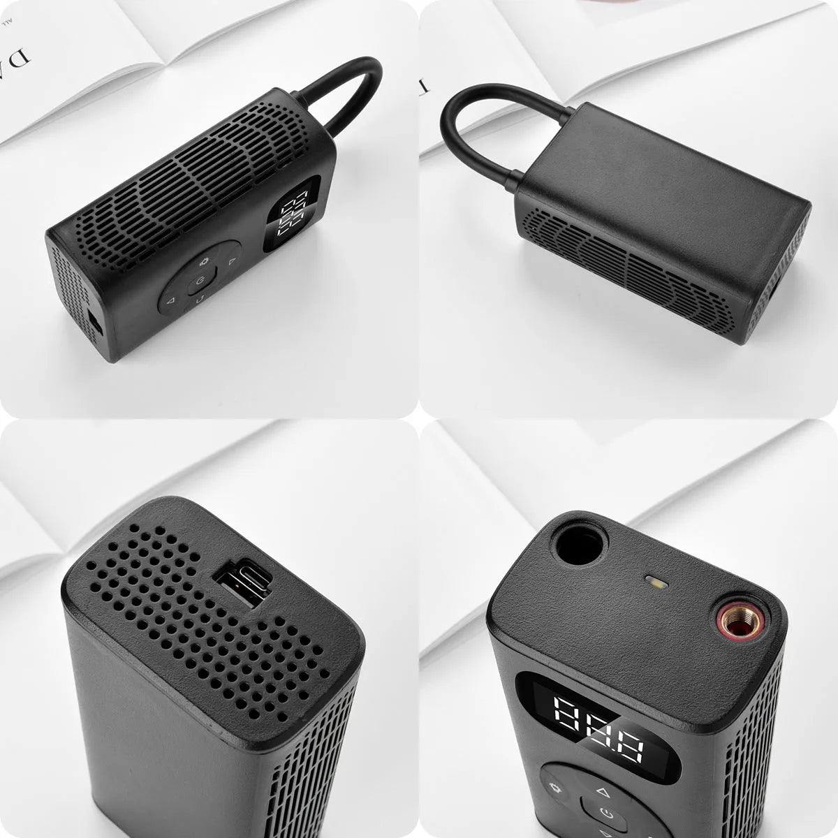 Black M09X portable electric air compressor power bank for car and motorcycle tyre inflation with USB cable
