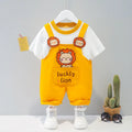 Yellow cotton baby short-sleeved overalls with cartoon print and adjustable straps