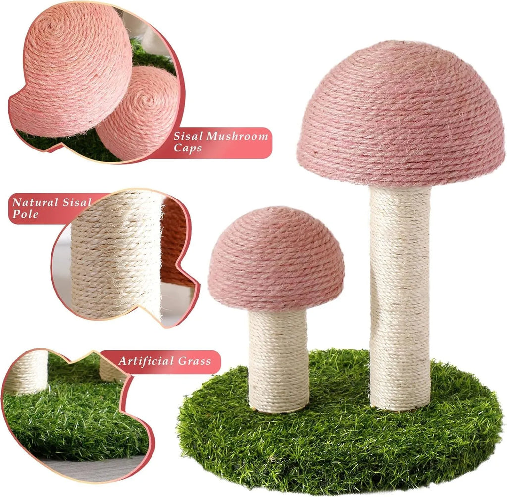 Pink mushroom-shaped cat scratching post with sisal-covered pole and caps on a sturdy base.