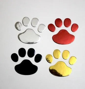 Hand-shaped brush dog footprint car sticker in red, silver, gold, and black colour options.
