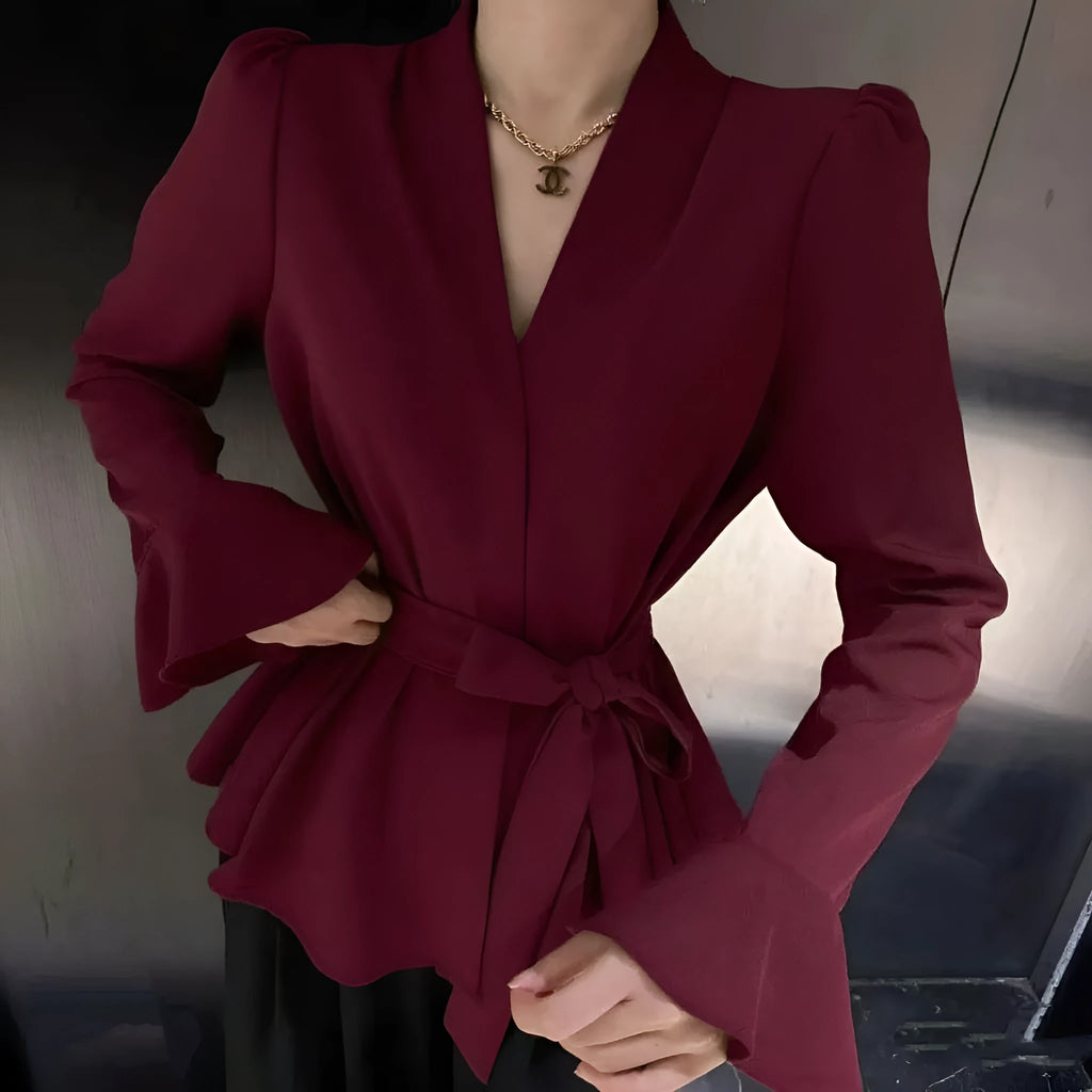 Women's French-style irregular collar shirt with long bell sleeves and tied front detail in polyester fabric