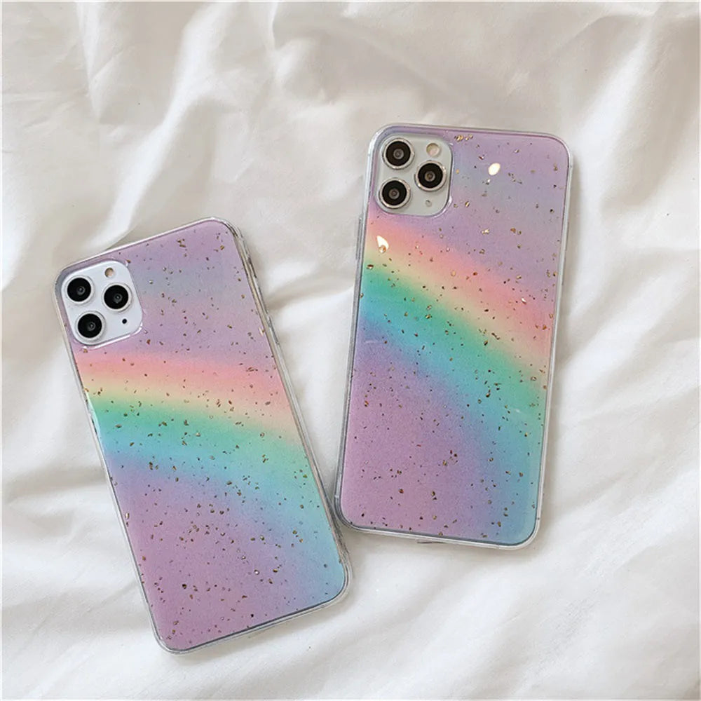 Rainbow gradient striped TPU hard protective case for iPhone on a white background.