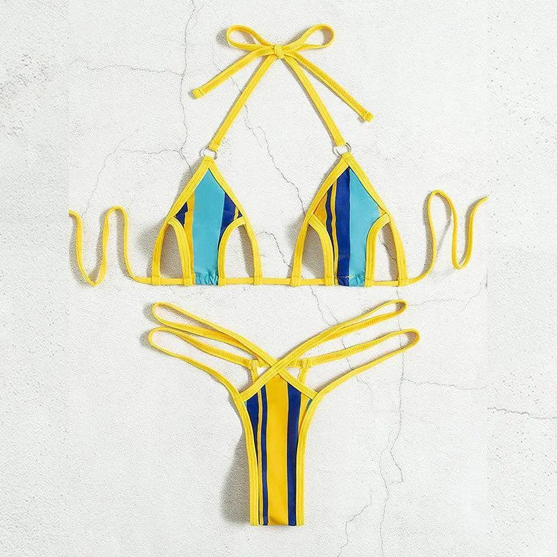 Yellow women's split swimsuit with neck-hanging style, hollow cut and high-waist bikini bottoms