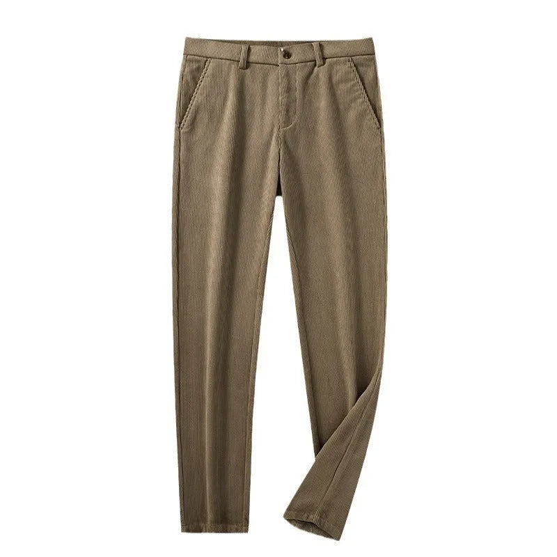 British retro striped straight-leg men's trousers in a dark colour, laid flat to show the zip fly and full length.