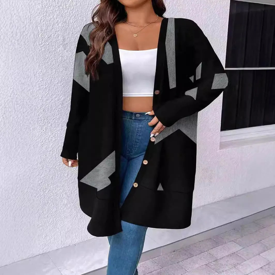 Black plus size casual cardigan coat with button stitching printing detail and regular sleeves