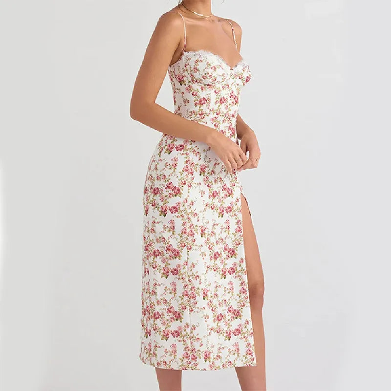 Blue lace flower print long dress with thin suspender straps and a front slit.