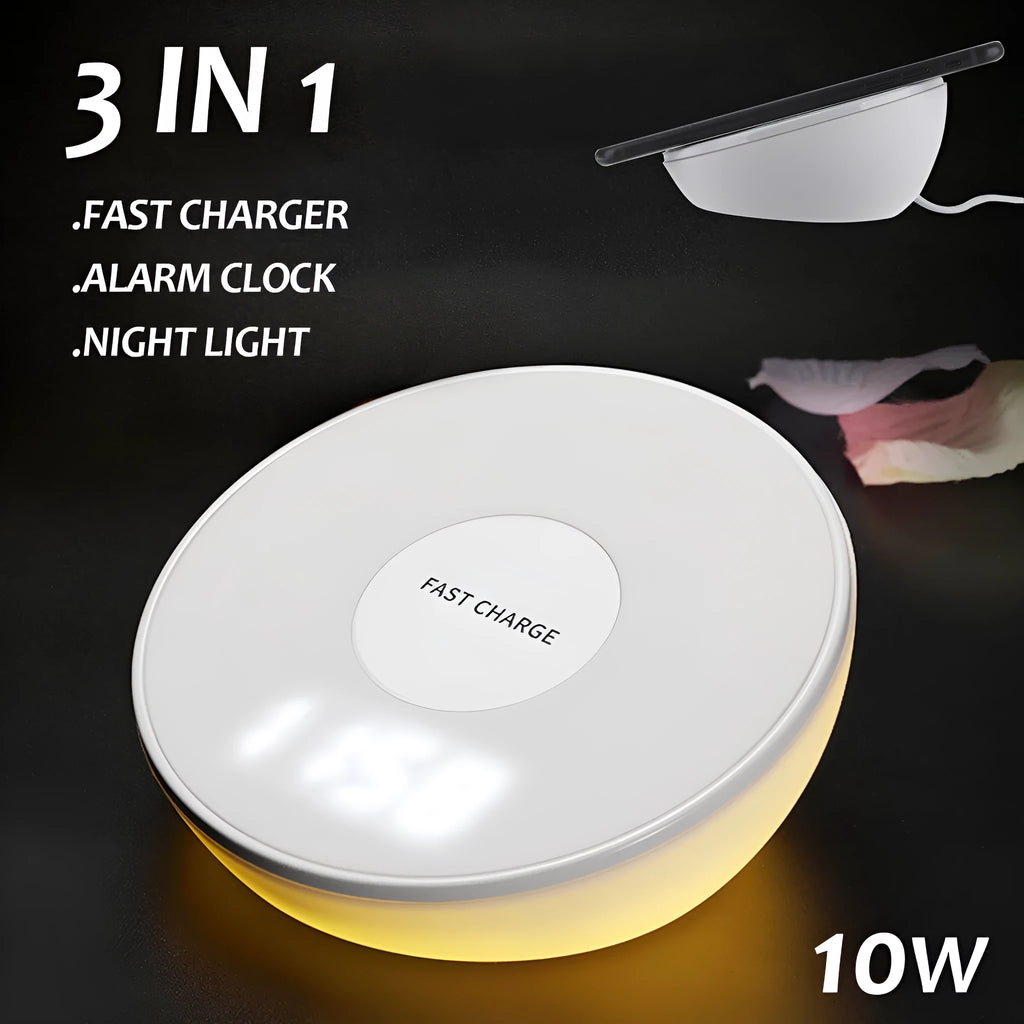 White wireless phone charger with digital clock display and alarm function