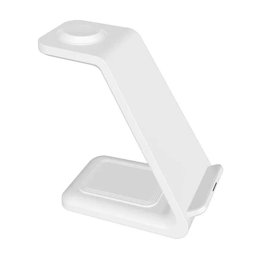 White upright wireless charging phone stand holding a mobile phone, with a black Type-C cable plugged in.