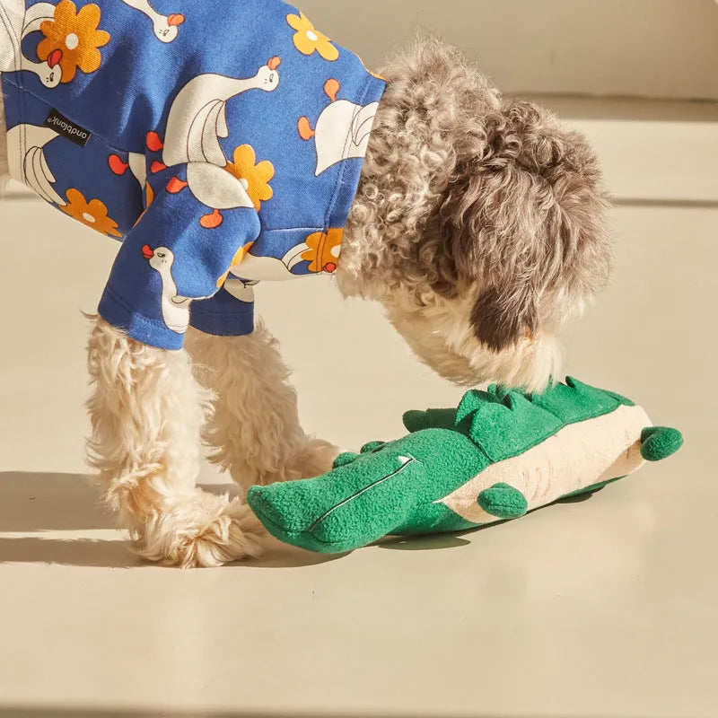 Green soft plush dog toy on a white background, showing its size and texture.