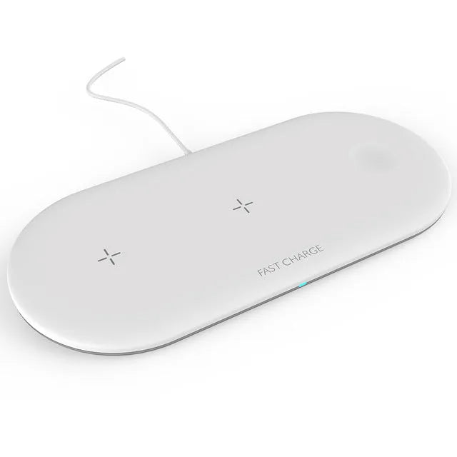 Black or white 3-in-1 wireless charging station for Apple iPhone and iWatch with Qi phone compatibility