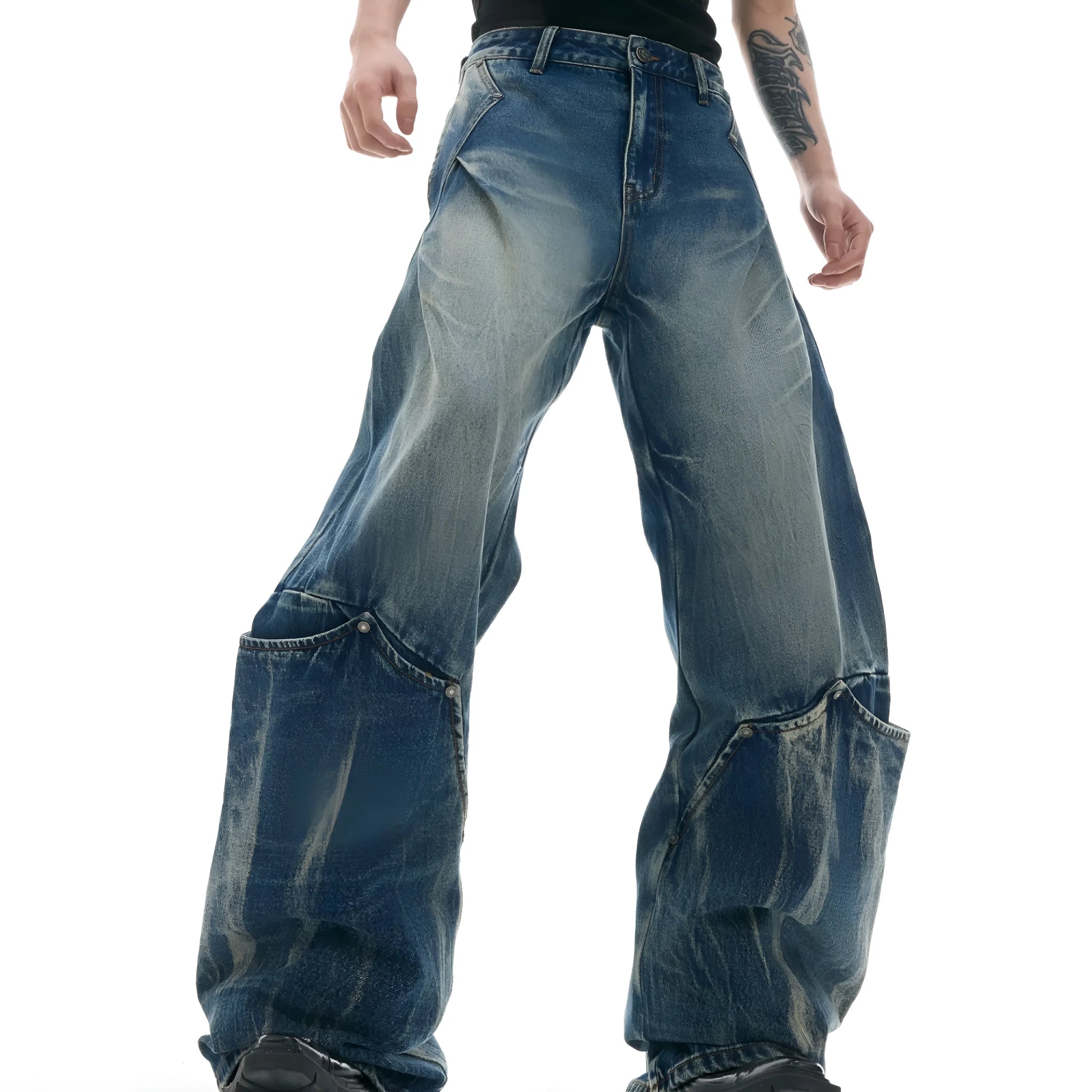 Men's verdant blue retro jeans with washed burst pattern and curved knife detailing