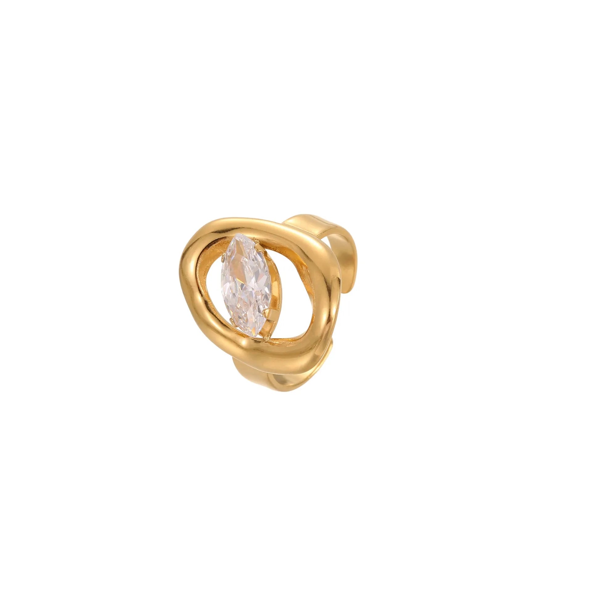 Open mouth geometric zircon ring with round, oval and quadrangle elements on stainless steel band