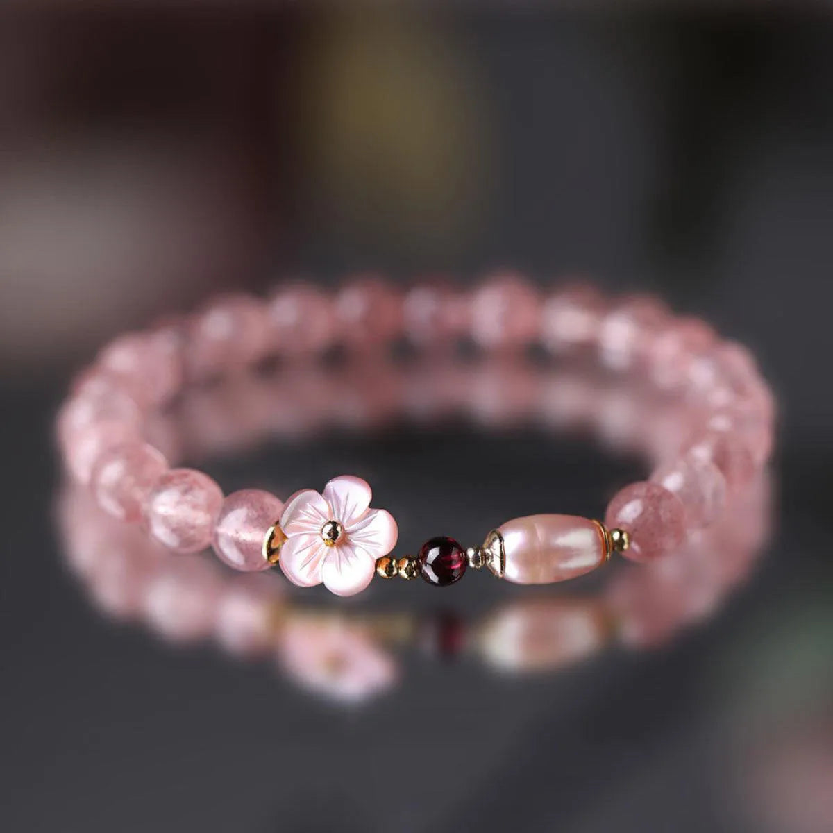 Strawberry quartz crystal bracelet with peach blossom floral design for women