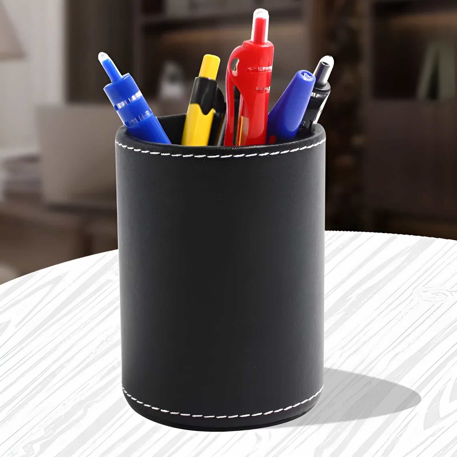 Round black leather pen container 8cm diameter 10.8cm height for office desk