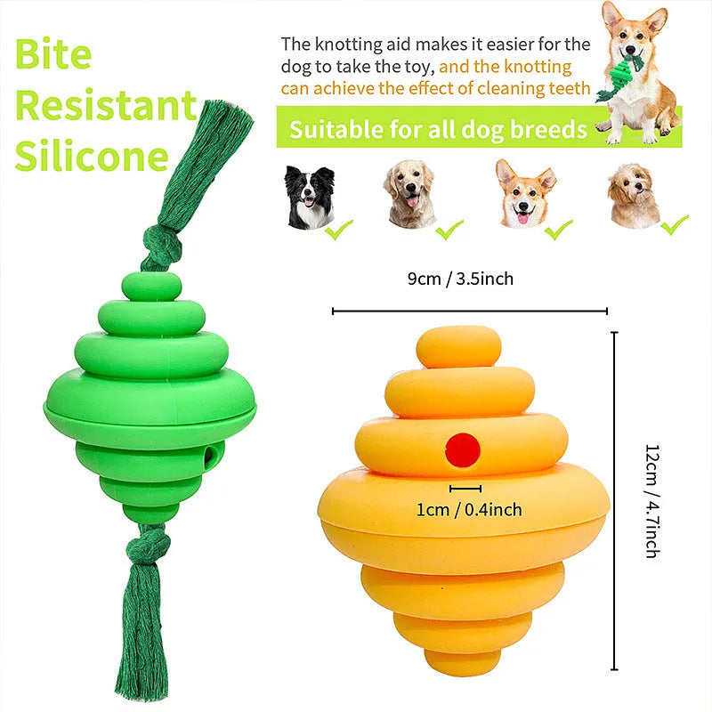 Green and yellow oval dog ball with knotted rope, a slow-leak food dispenser chew toy.
