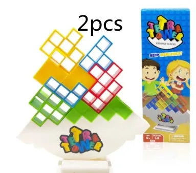 Plastic balance stacking board game with 16 colourful blocks on a chassis and base