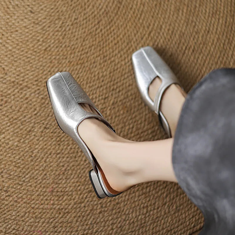 Casual low heel square toe slippers in black artificial PU with rubber sole
