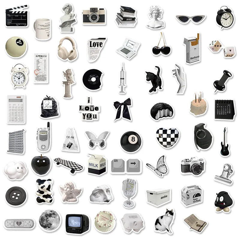 61 piece black and white waterproof PVC sticker set for multiple surfaces