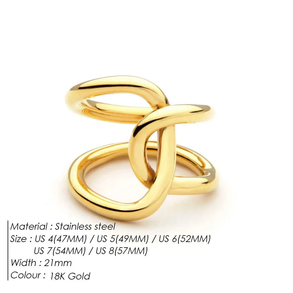 Knotted adjustable women's ring with U-shaped geometric design in stainless steel