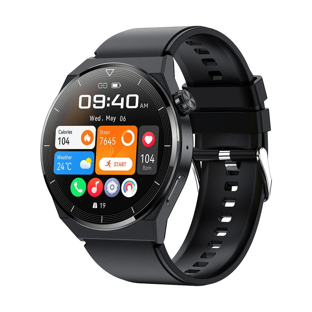 Round screen smartwatch with silicone strap showing Bluetooth and NFC functionality