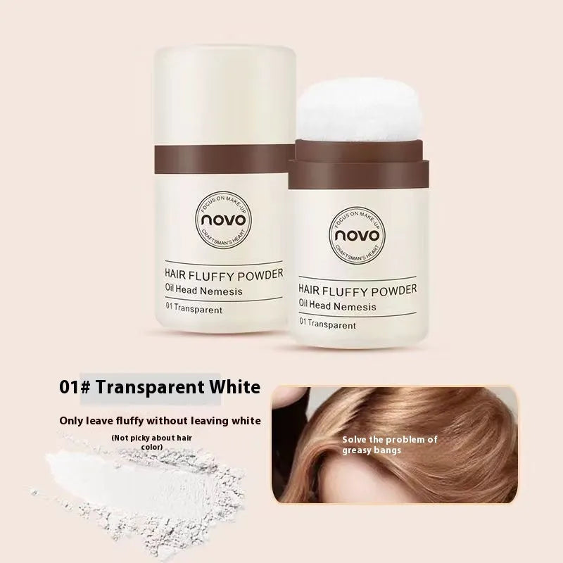 Compact of oil control face powder for bangs and hairline in natural, brown, or dark brown shades.