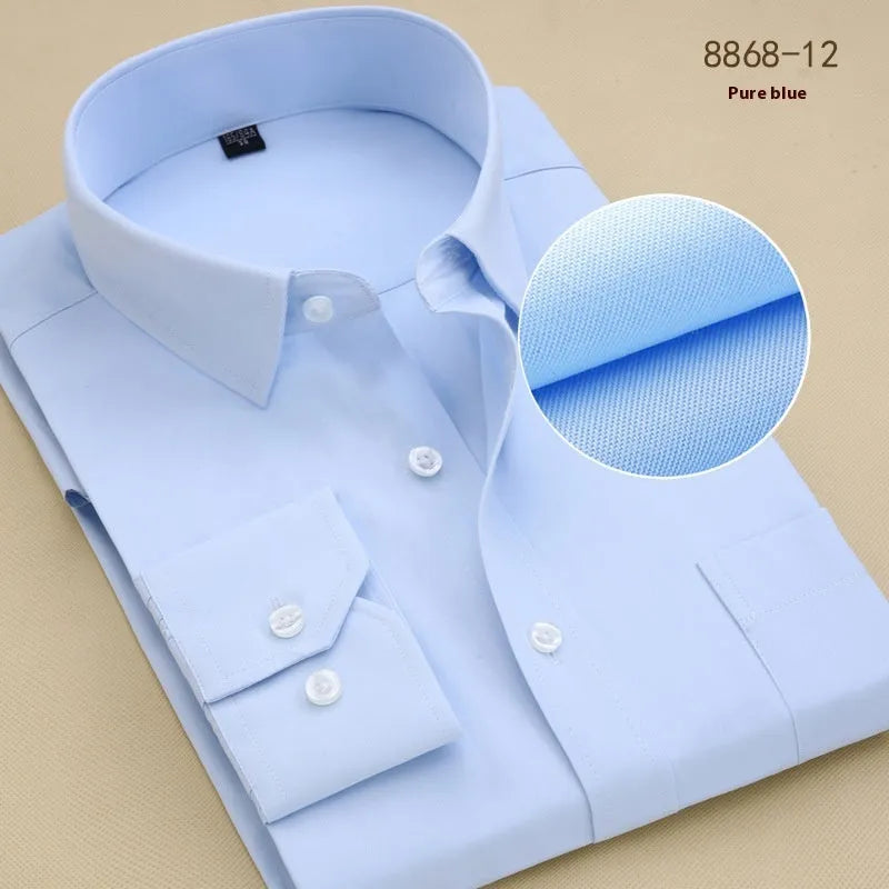 Men's black solid colour long sleeve cotton business shirt with a slim fit on a hanger.