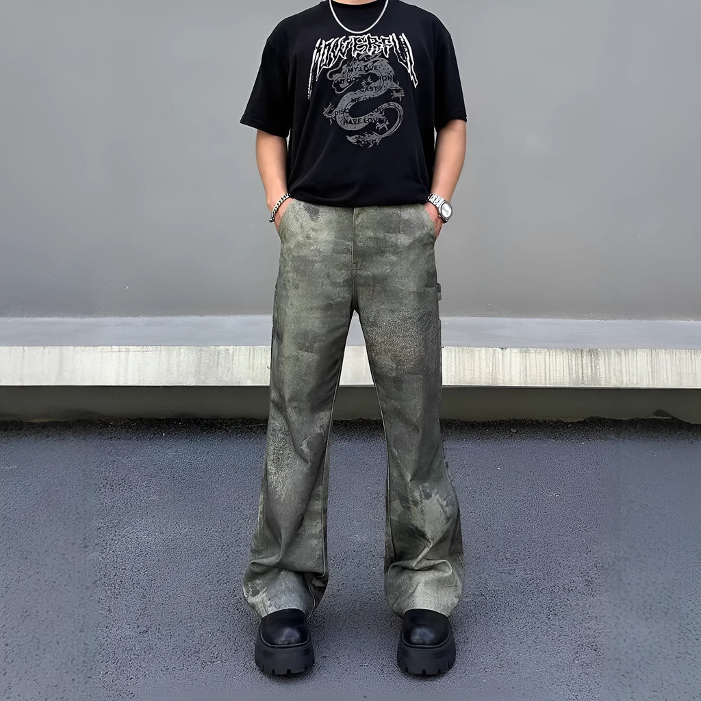 Men's straight-cut denim jeans with digital camouflage pattern in picture colour with mid-waist design
