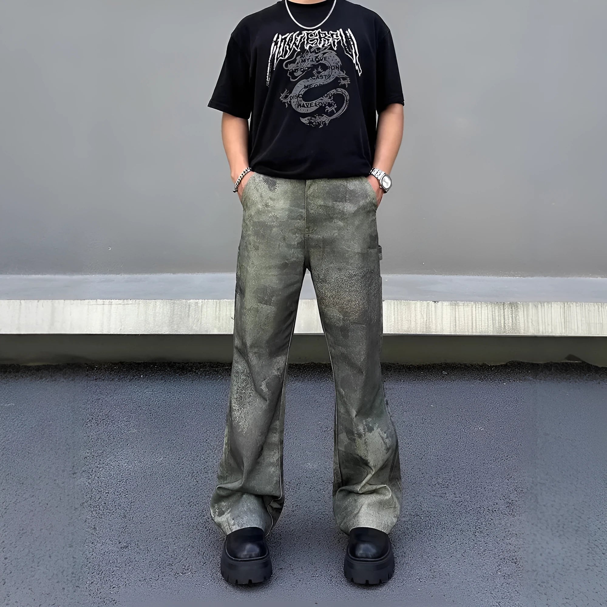 Men's straight-cut denim jeans with digital camouflage pattern in picture colour with mid-waist design