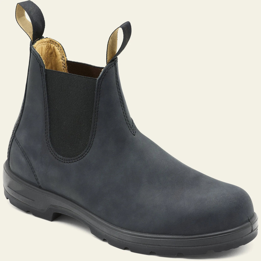 Vintage frosted faux leather Chelsea boots for men and women on a neutral background.