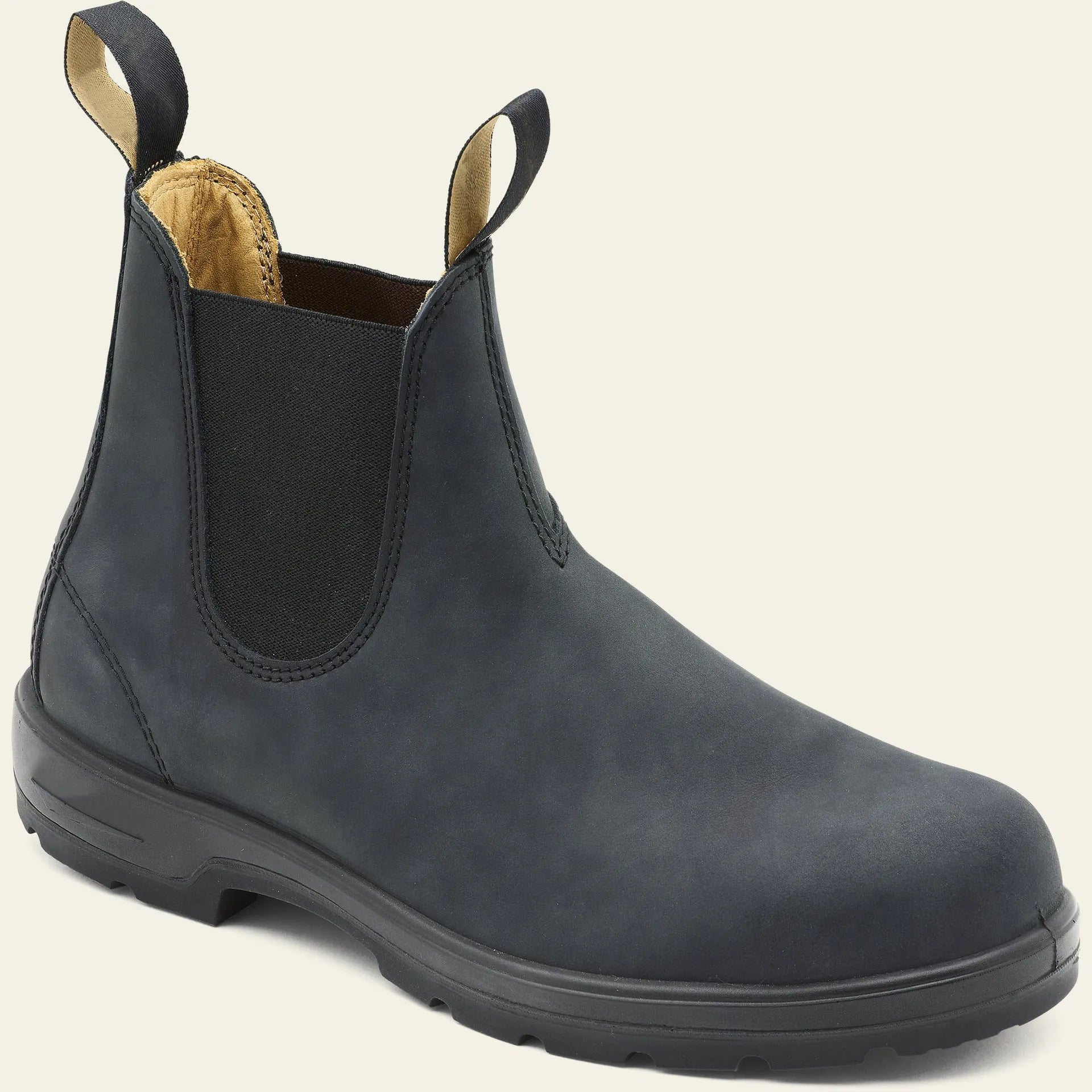 Vintage frosted faux leather Chelsea boots for men and women on a neutral background.