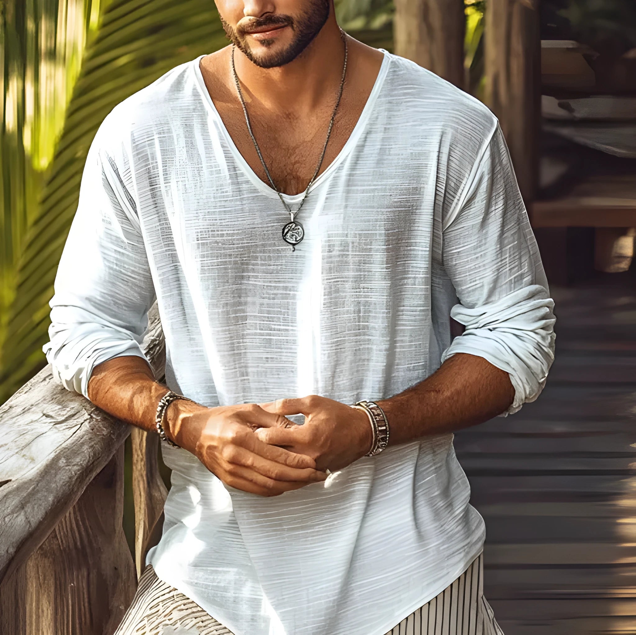 Beige slim fit V-neck long sleeve t-shirt made from hemp blend polyester fabric.