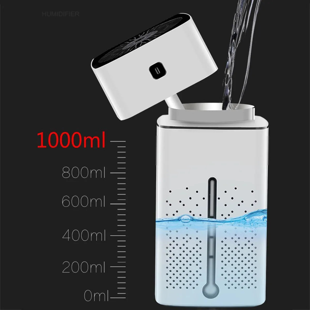 Black or white USB desktop humidifier with 1000ml water capacity measuring 103x103x218mm