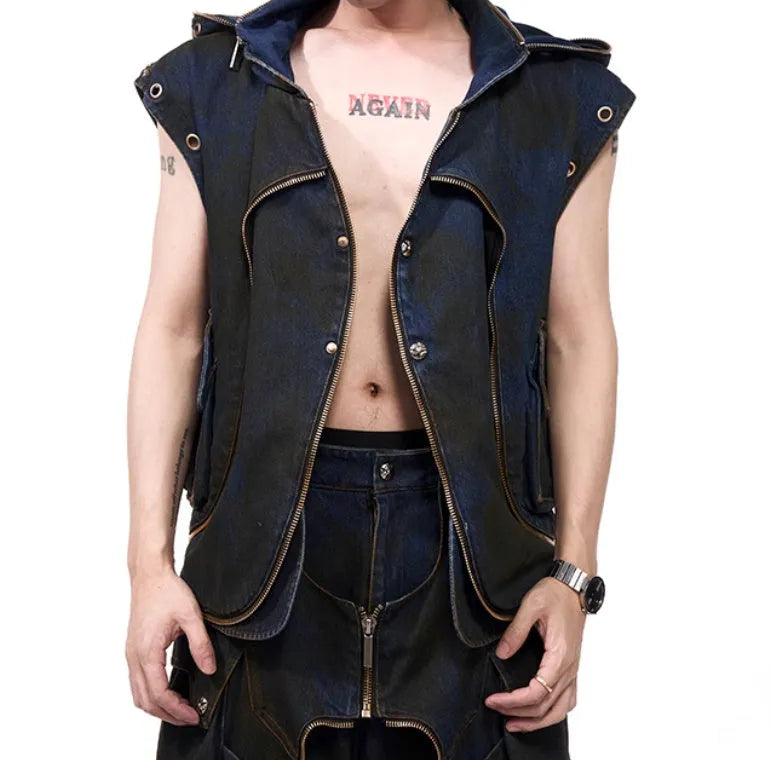 Blue heavy industry deconstructed hooded denim vest coat with matching trousers, Korean style, zipper front