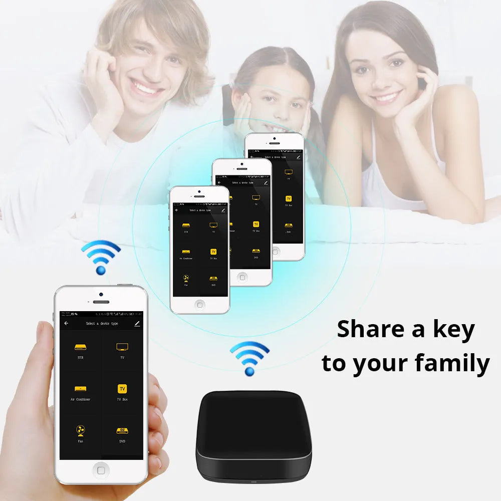 Black voice control universal infrared remote with WiFi connectivity for smart home devices
